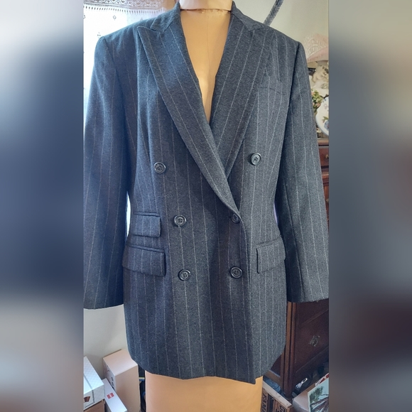 Ralph Lauren Pinstripe Double Breasted Blazer Dark Gray Size 10 - Picture 2 of 13
